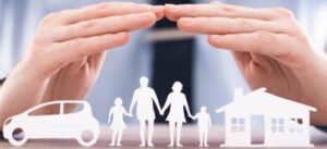 Insurance protecting family health live, house and car concept. Cut elements from paper that symbolize the coverage.